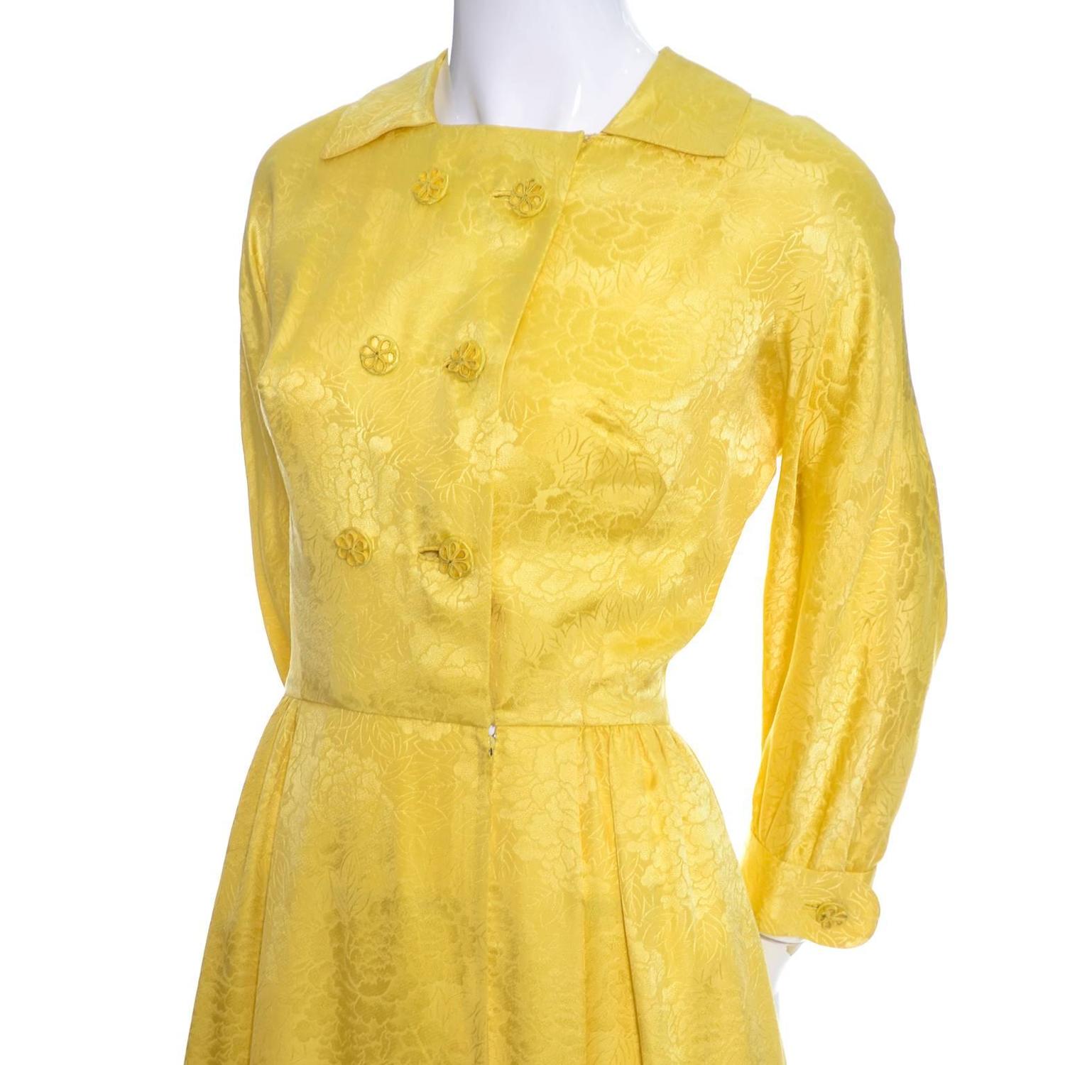 1960s Dynasty Vintage Hostes Gown Robe Yellow Silk Jacquard Floral Hong