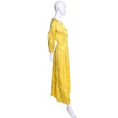 1960s Dynasty Vintage Hostes Gown Robe in Yellow Silk Jacquard Floral Hong Kong