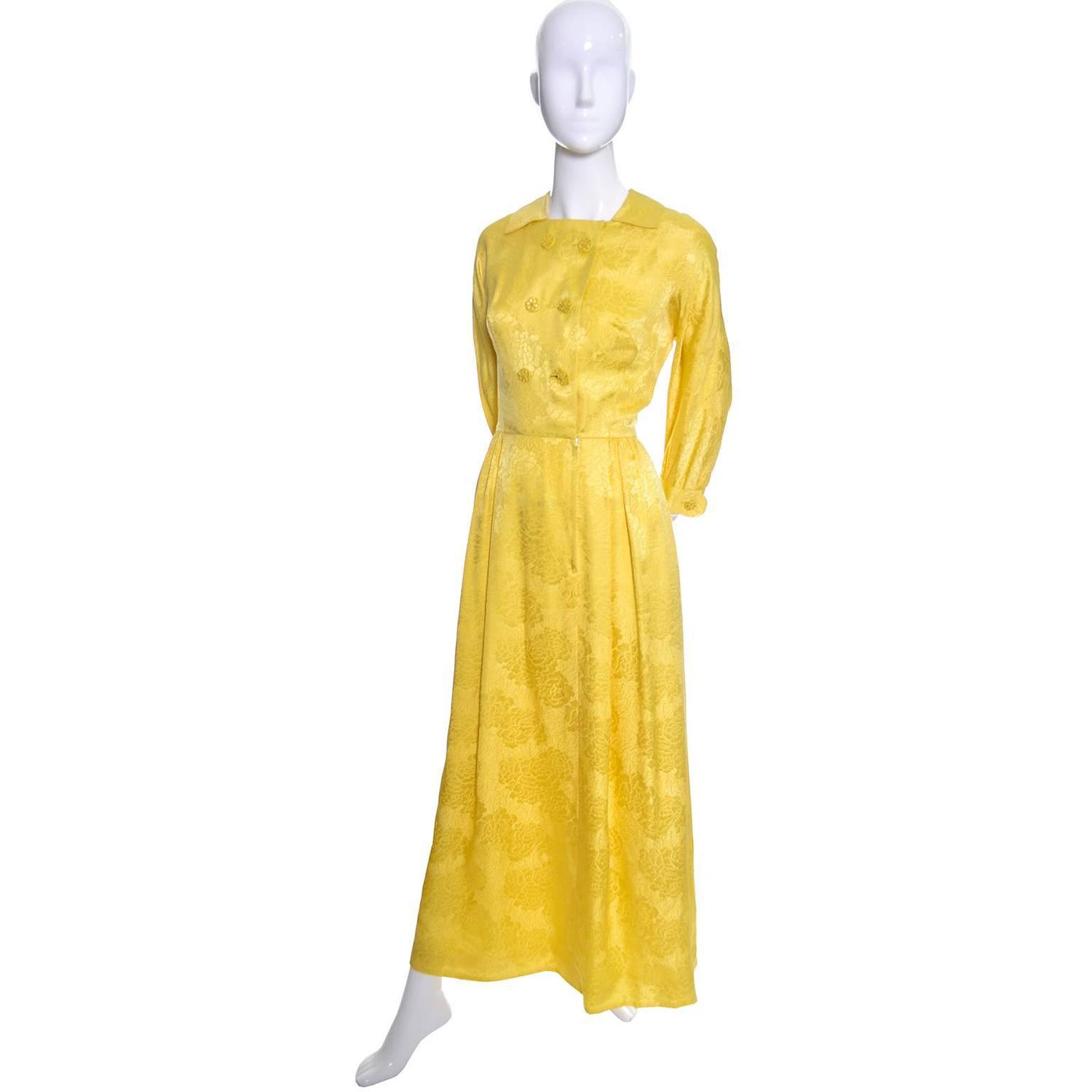 1960s Dynasty Vintage Hostes Gown Robe Yellow Silk Jacquard Floral Hong