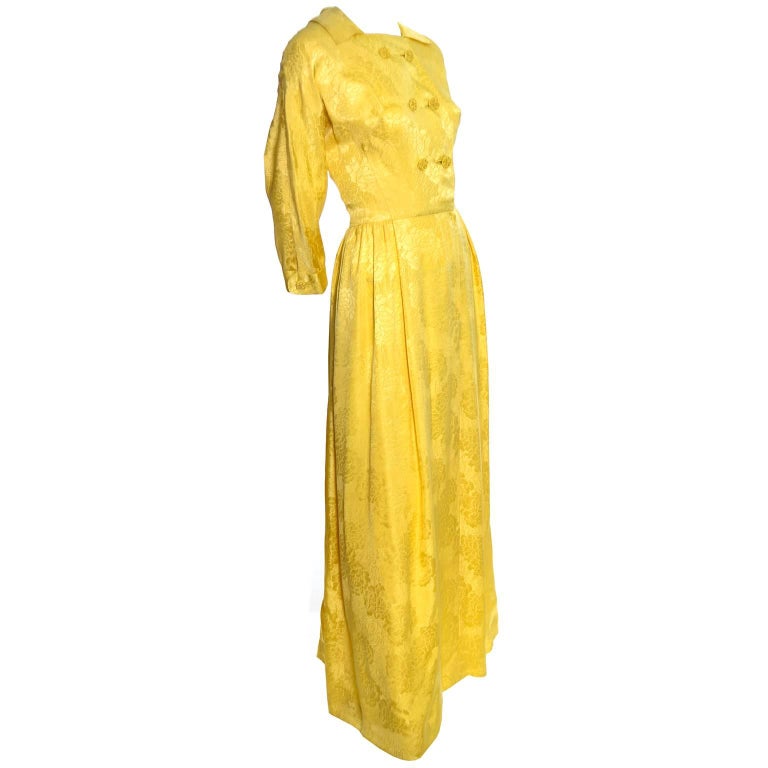 1960s Dynasty Vintage Hostes Gown Robe in Yellow Silk Jacquard Floral