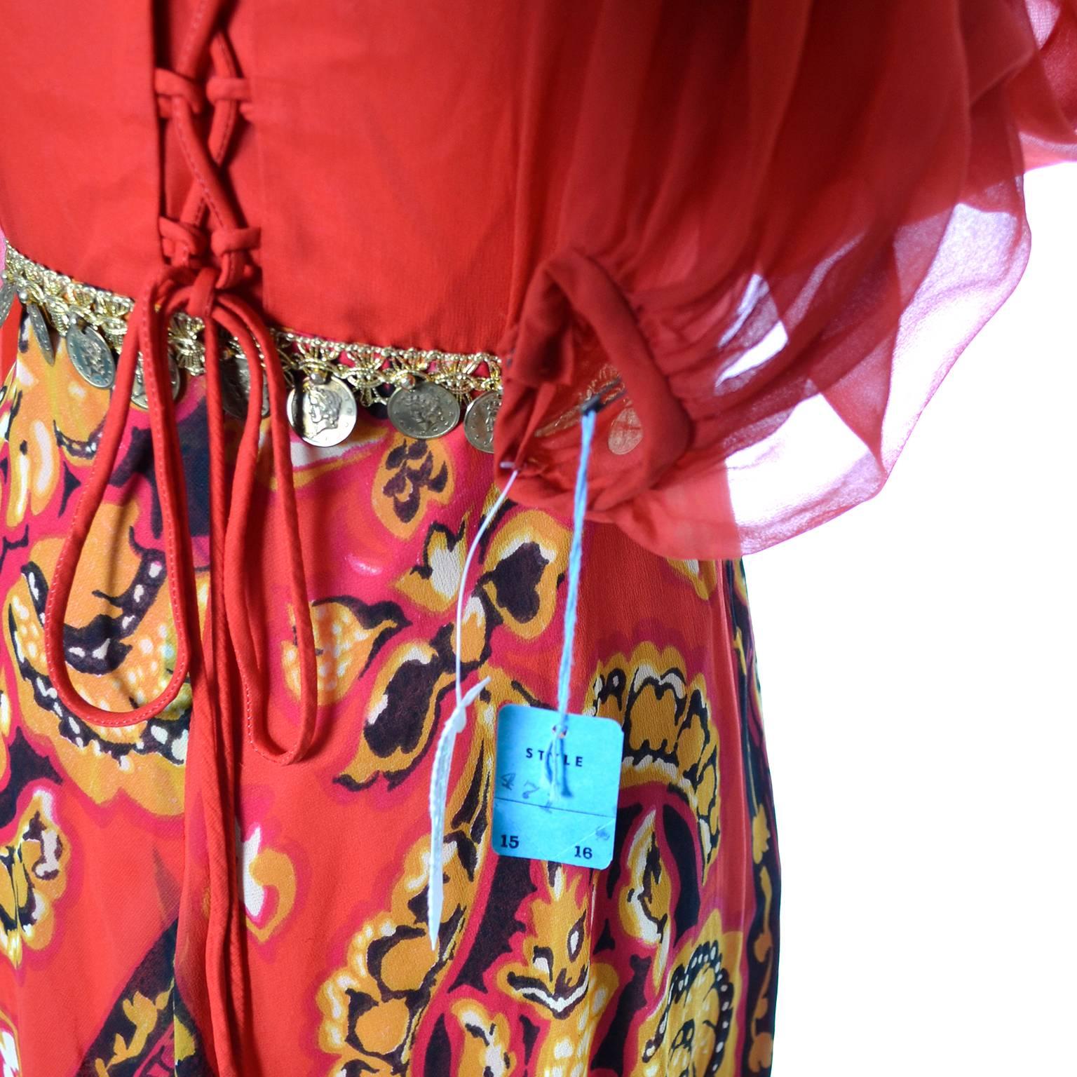 Red NEW Deadstock 1970s Vintage Dress Chiffon Maxi Abstract Coins Tags Corset Ties