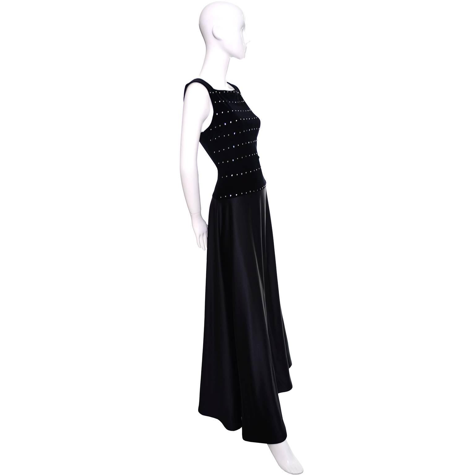 Tadashi Shoji Vintage Dress Black Satin Velvet Evening Gown Rhinestones 6 In Excellent Condition In Portland, OR