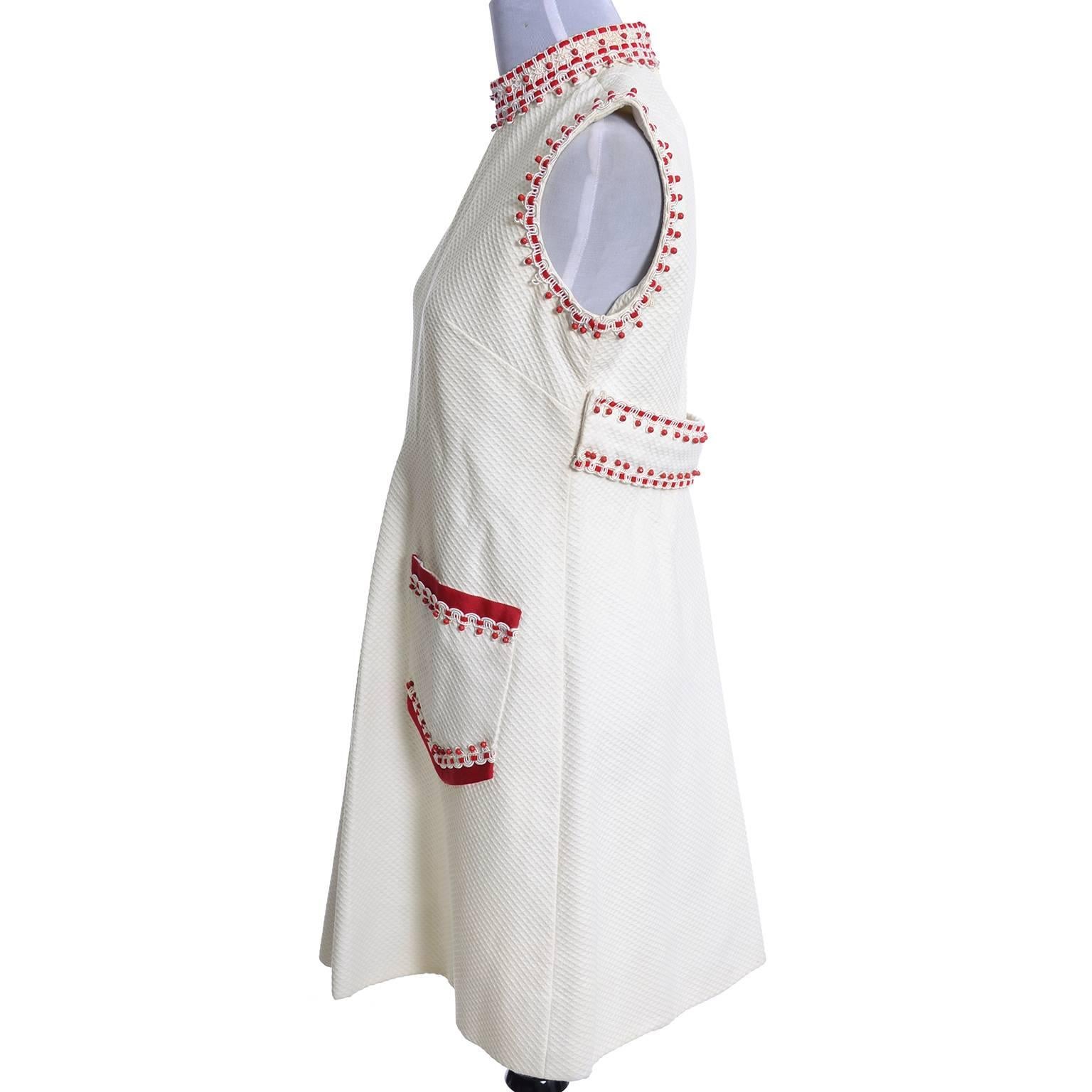 Beige Rare 1960s Oscar de la Renta Dress in Cotton Pique W/ Cherry Red Beading & Trim