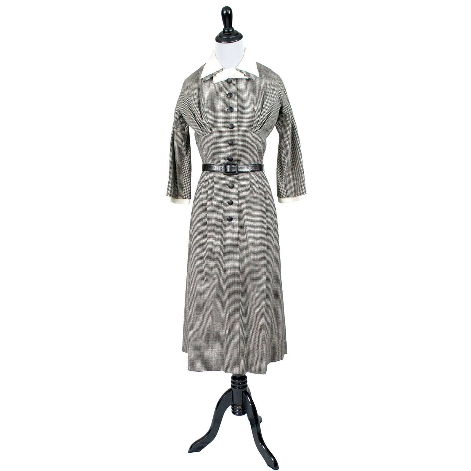 Gray Mollie Parnis VIntage Dress 1951 Documented Hapers Bazaar Black White Check
