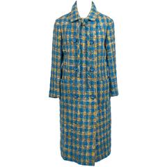 Vintage Tweed Coat Skirt Suit 1960s Ramuz Geneve Wool 2 pc Blue Gold 12