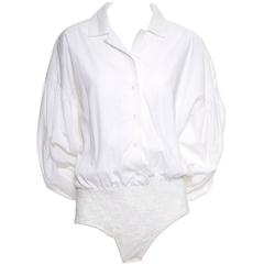1980s Christian Dior Retro Blouse White Cotton Bodysuit Puff Sleeves