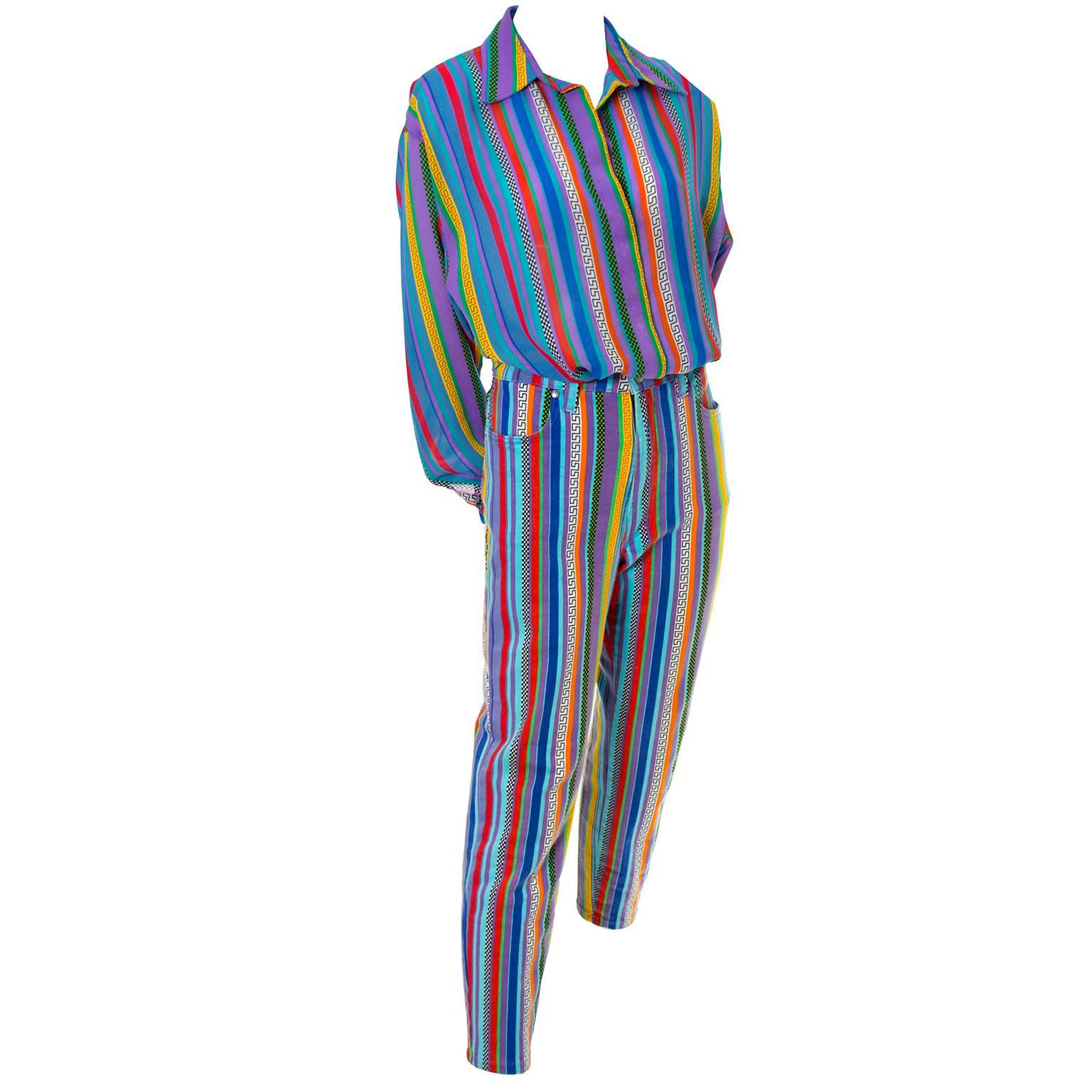 1990s Versace Jeans Couture Greek Key Stripes Print Silk Blouse and Pants 2pc