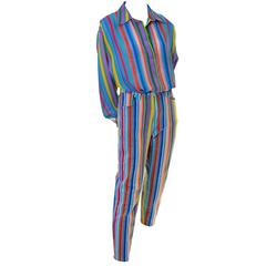 1990s Versace Jeans Couture Greek Key Stripes Print Silk Blouse and Pants 2pc