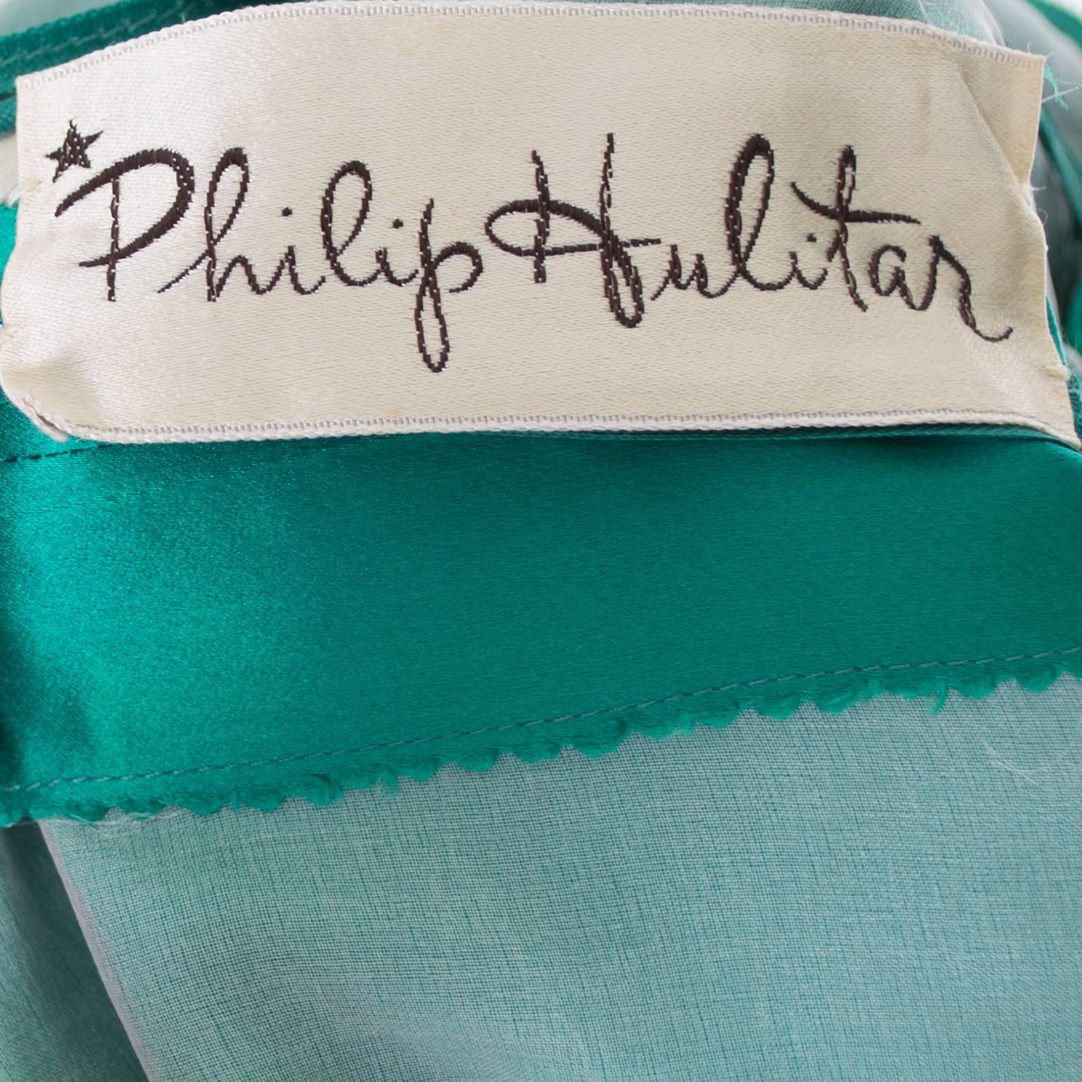 Women's Philip Hulitar 1950s Vintage Dress Green Satin Bow Beautiful Neckline Size 6