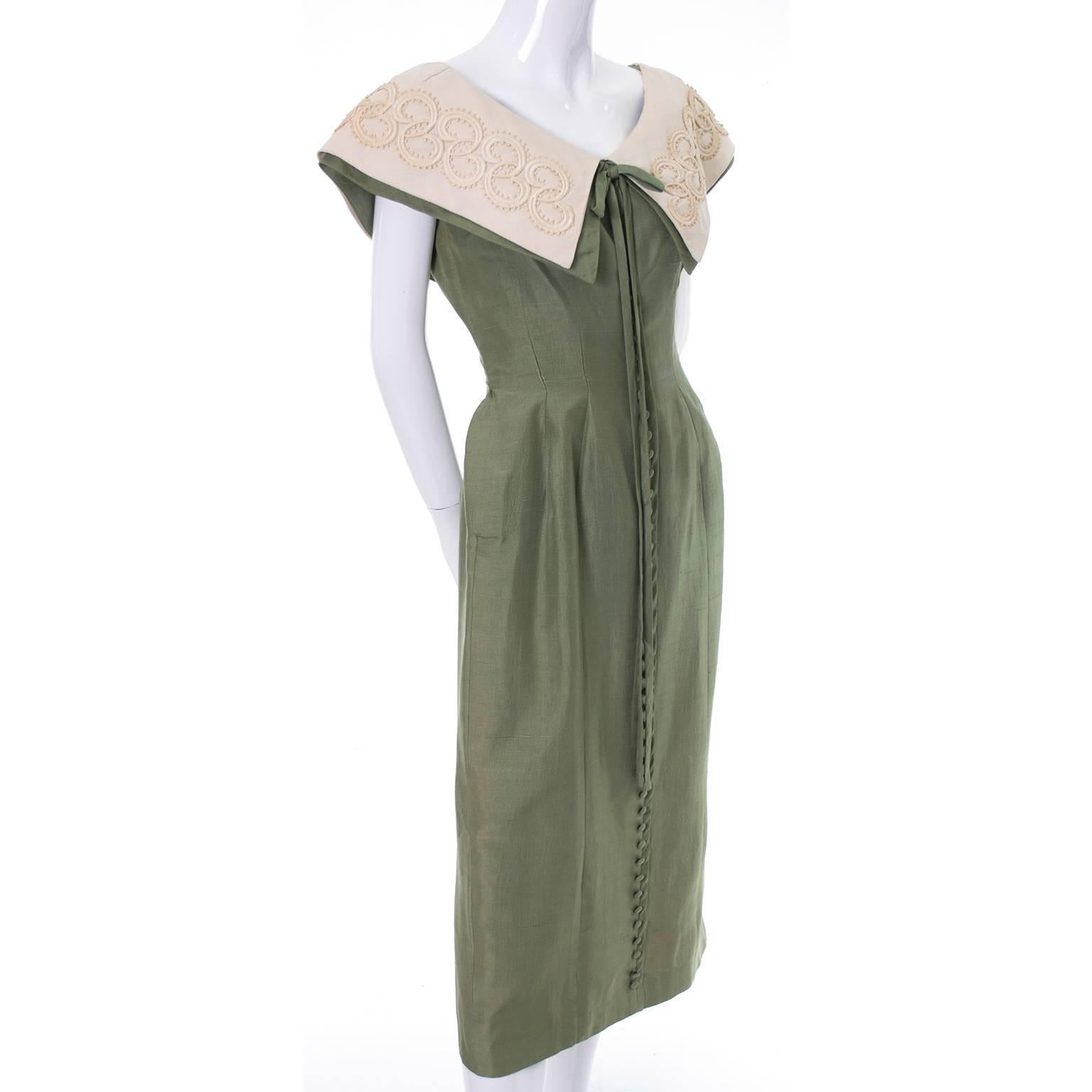 Gray 1950s Suzy Perette Vintage Dress in Green Raw Silk W/ Soutache Trim