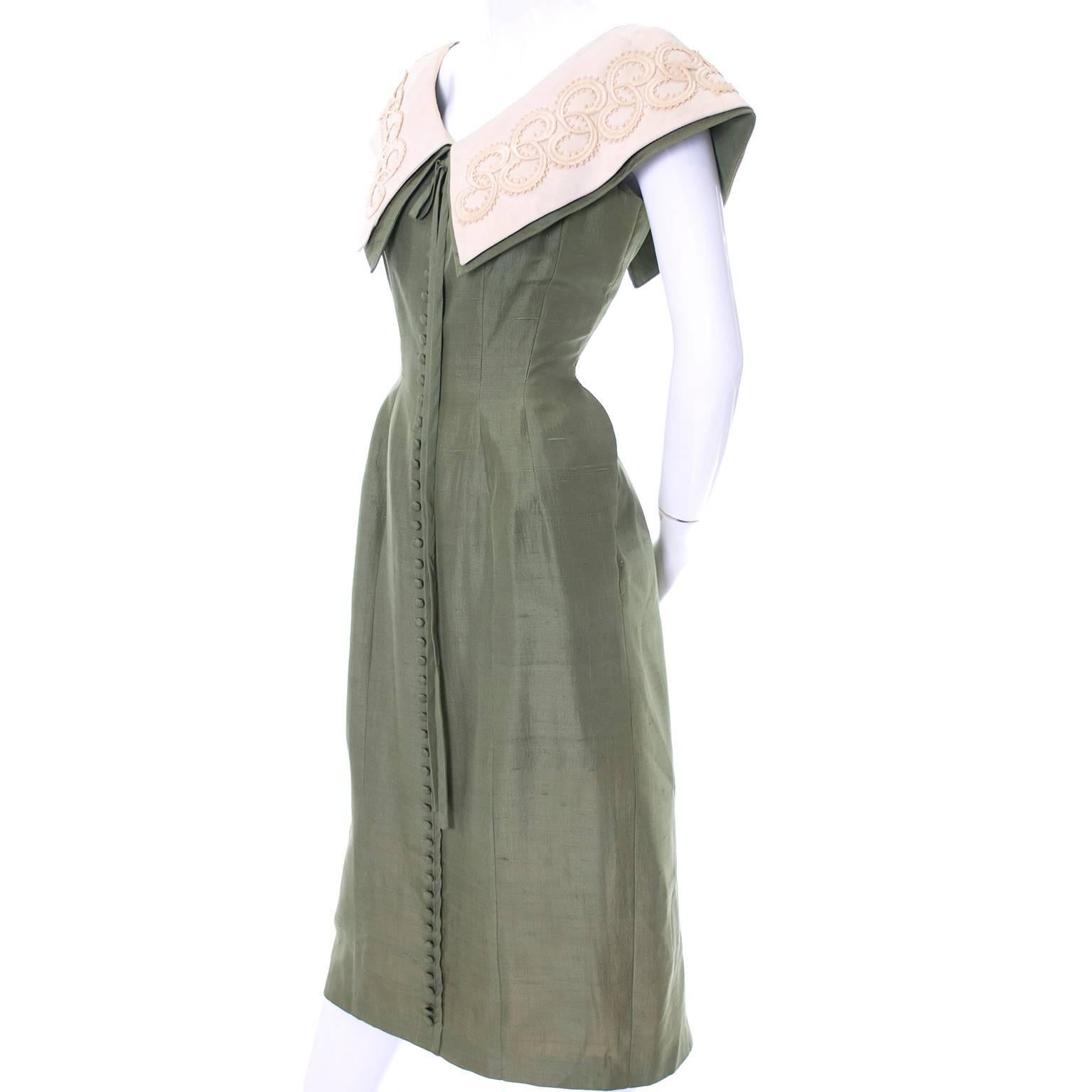 Women's 1950s Suzy Perette Vintage Dress in Green Raw Silk W/ Soutache Trim
