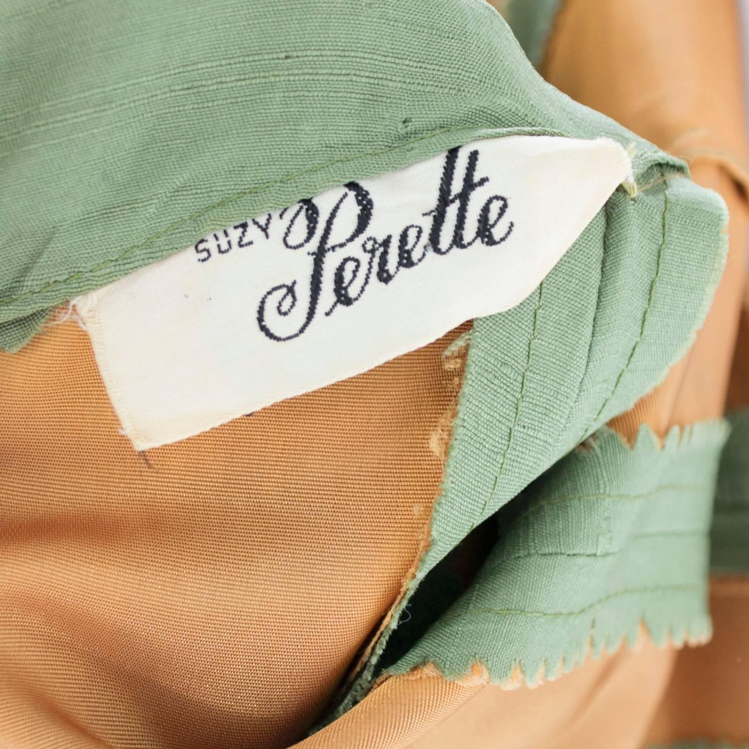 1950s Suzy Perette Vintage Dress in Green Raw Silk W/ Soutache Trim 2
