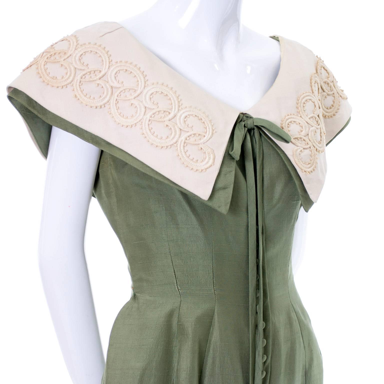 1950s Suzy Perette Vintage Dress in Green Raw Silk W/ Soutache Trim 1