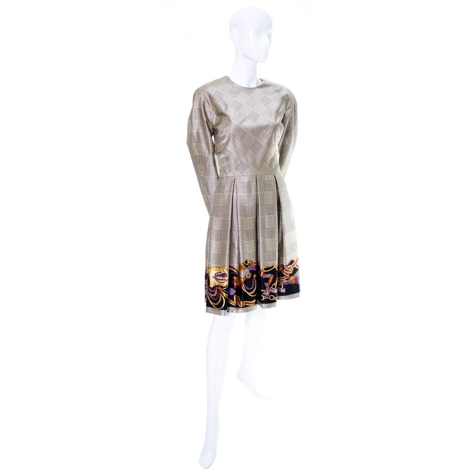 Gray William Bill Travilla Vintage Silk Dress Houndstooth Plaid Tassel Print 8/10