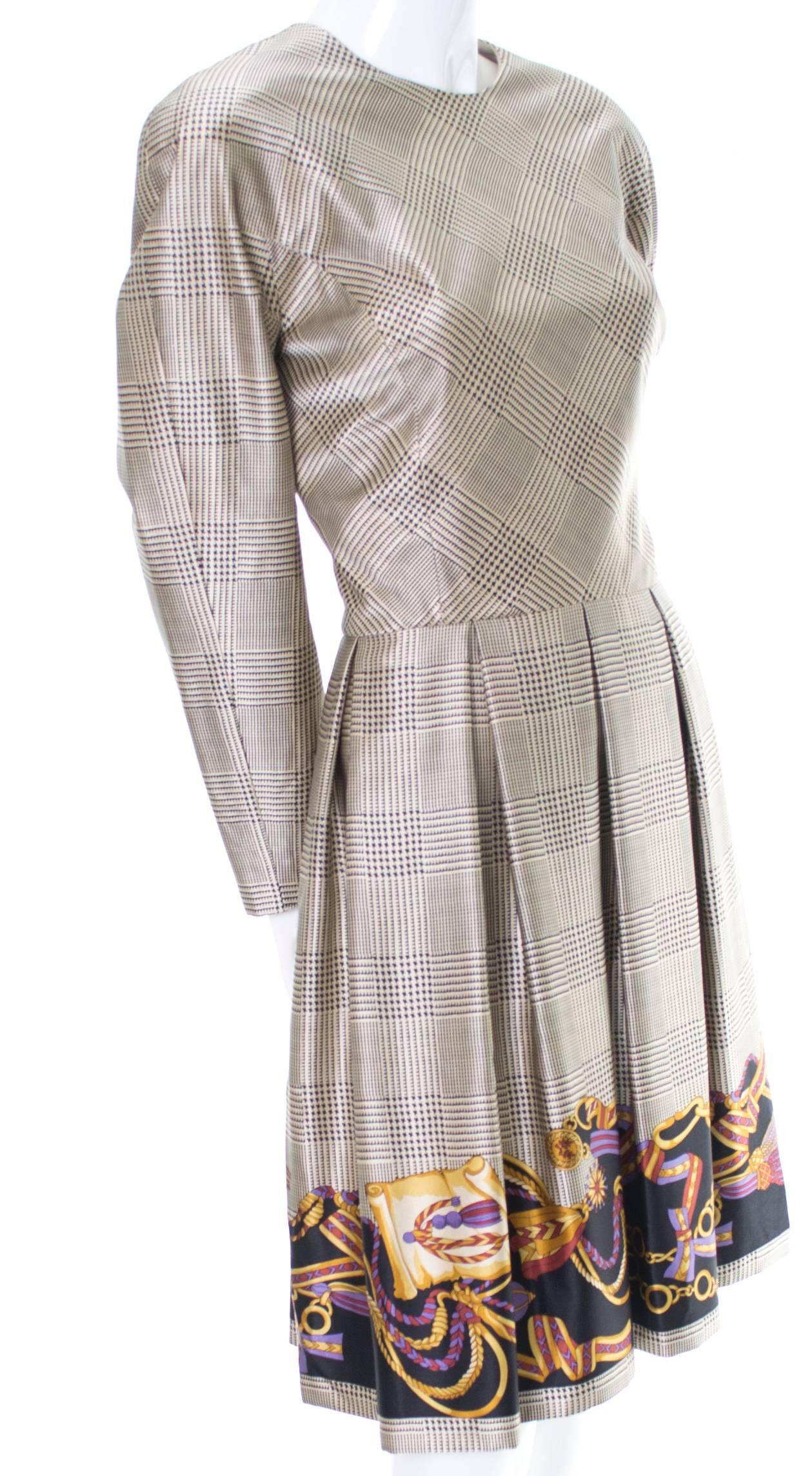 William Bill Travilla Vintage Silk Dress Houndstooth Plaid Tassel Print 8/10 1