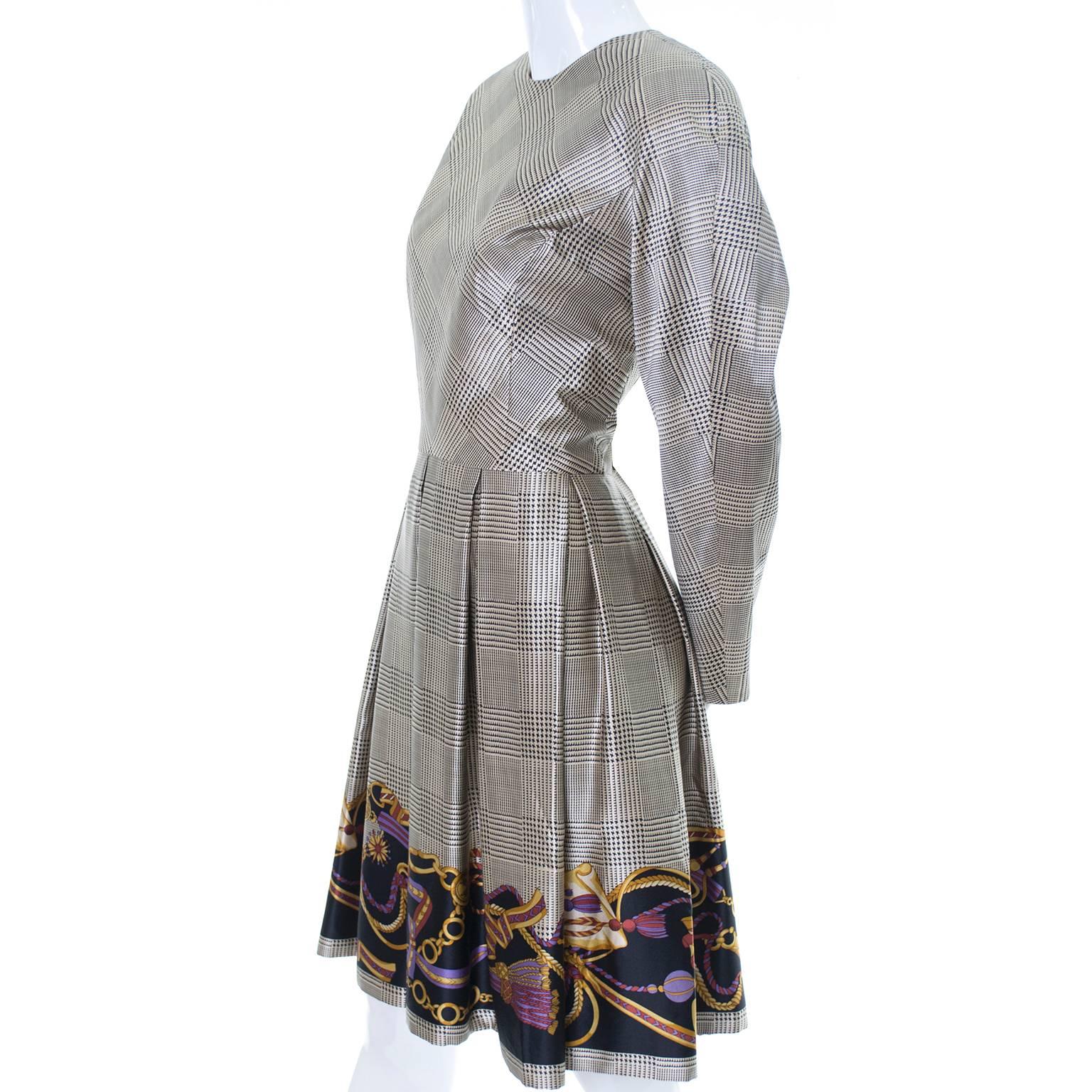 William Bill Travilla Vintage Silk Dress Houndstooth Plaid Tassel Print 8/10 In Excellent Condition In Portland, OR