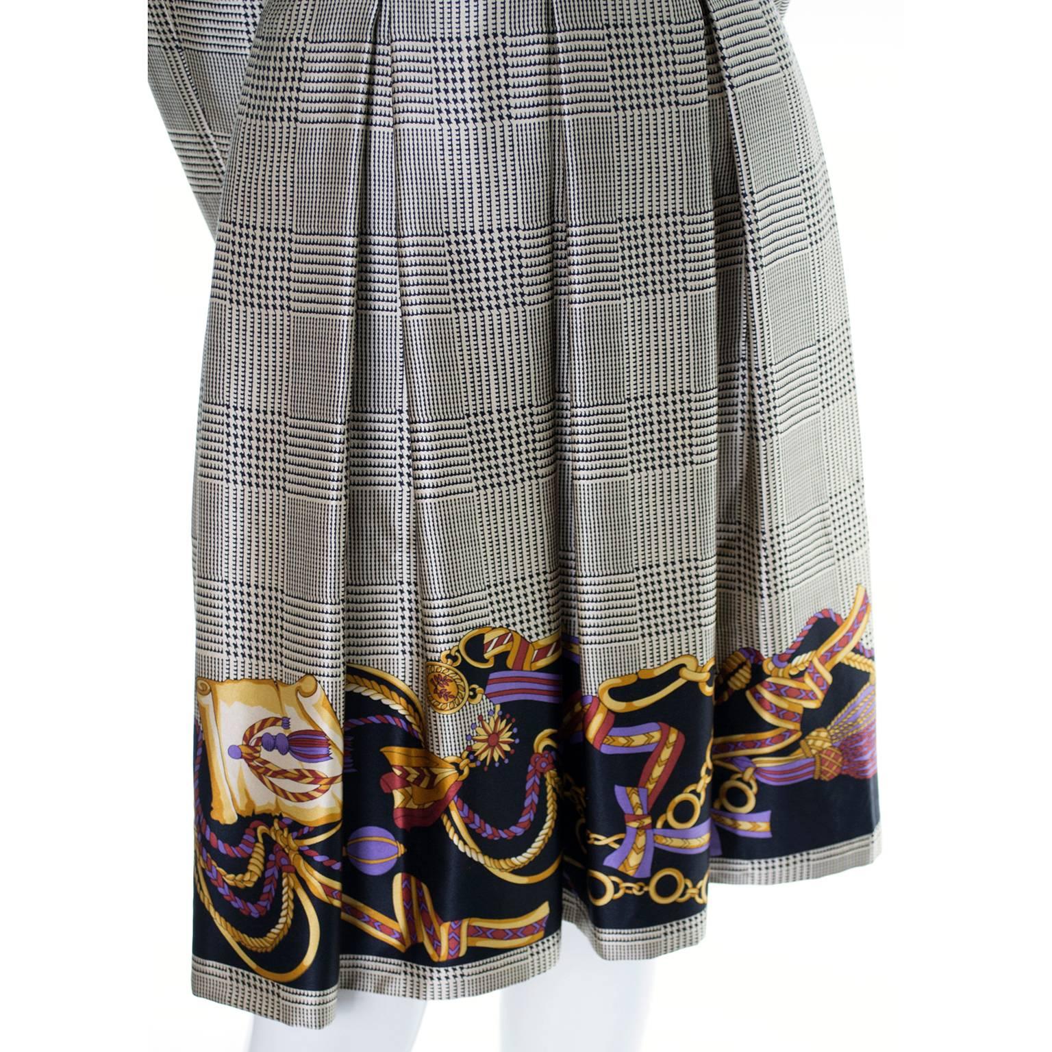 Women's William Bill Travilla Vintage Silk Dress Houndstooth Plaid Tassel Print 8/10