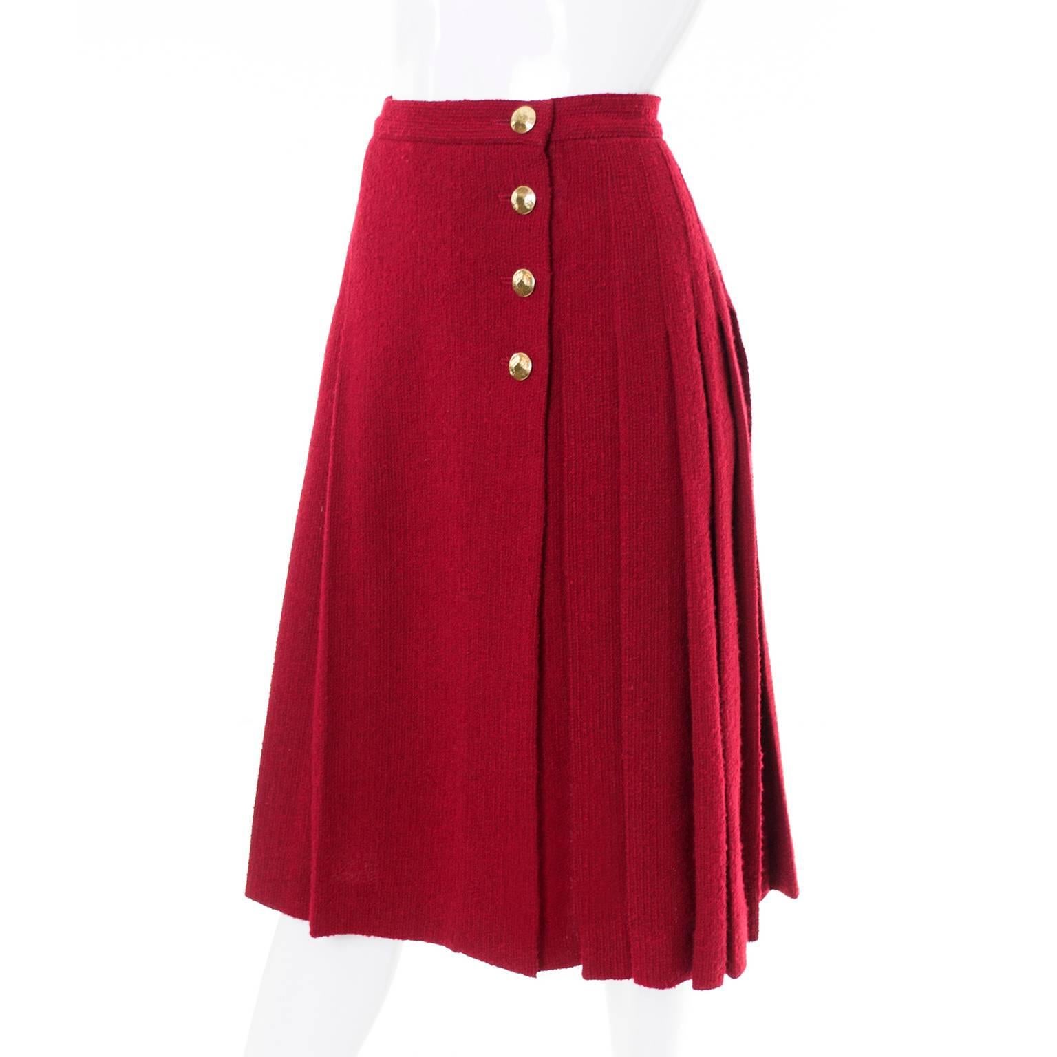 Women's Yves Saint Laurent YSL Vintage Burgundy Red Boucle Wool Pleated 1990s Skirt