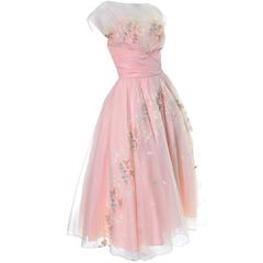 Pink 1950s Vintage Dress Fairytale Dreamy Floral Embroidery Full Skirt 4/6