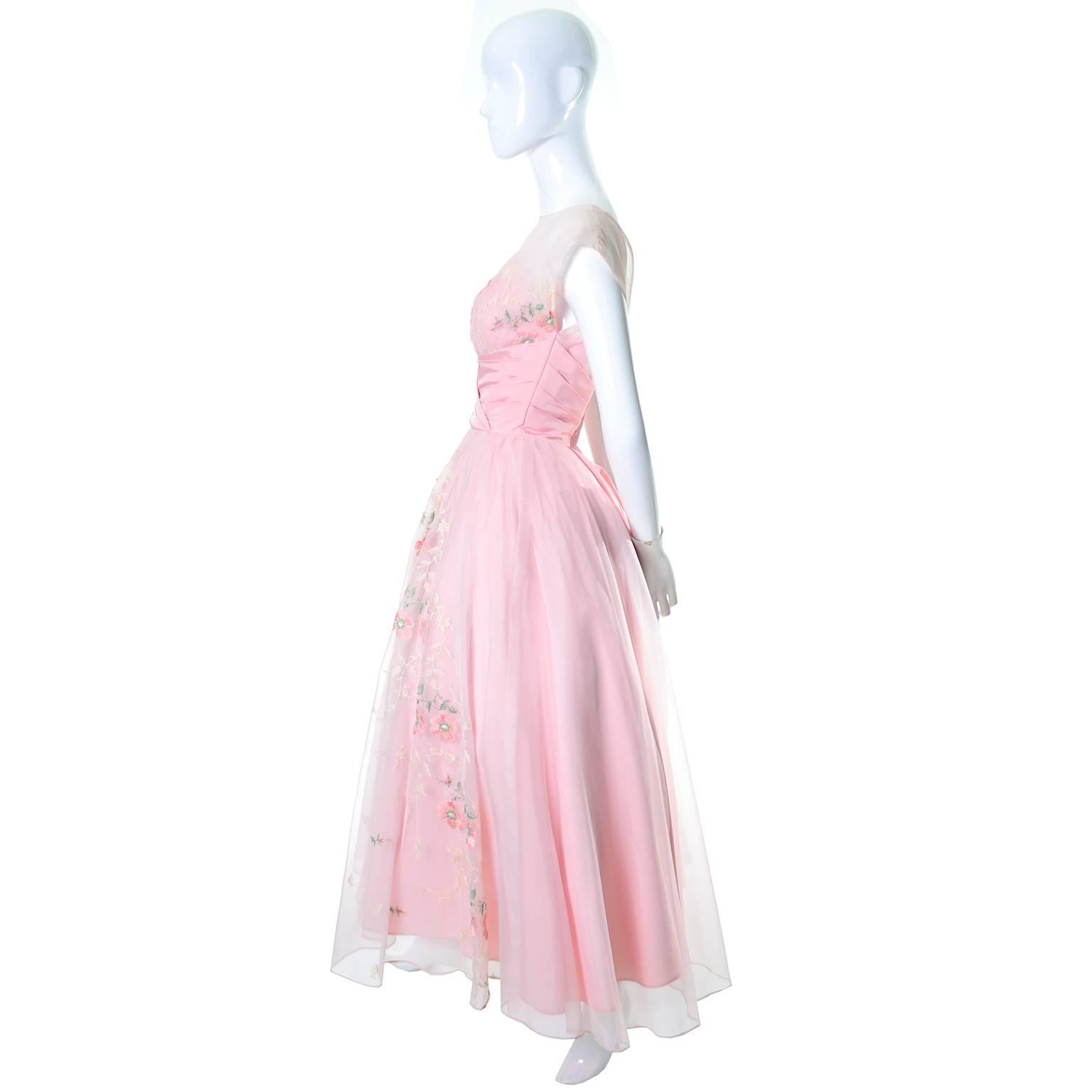 Women's Pink 1950s Vintage Dress Fairytale Dreamy Floral Embroidery Full Skirt 4/6