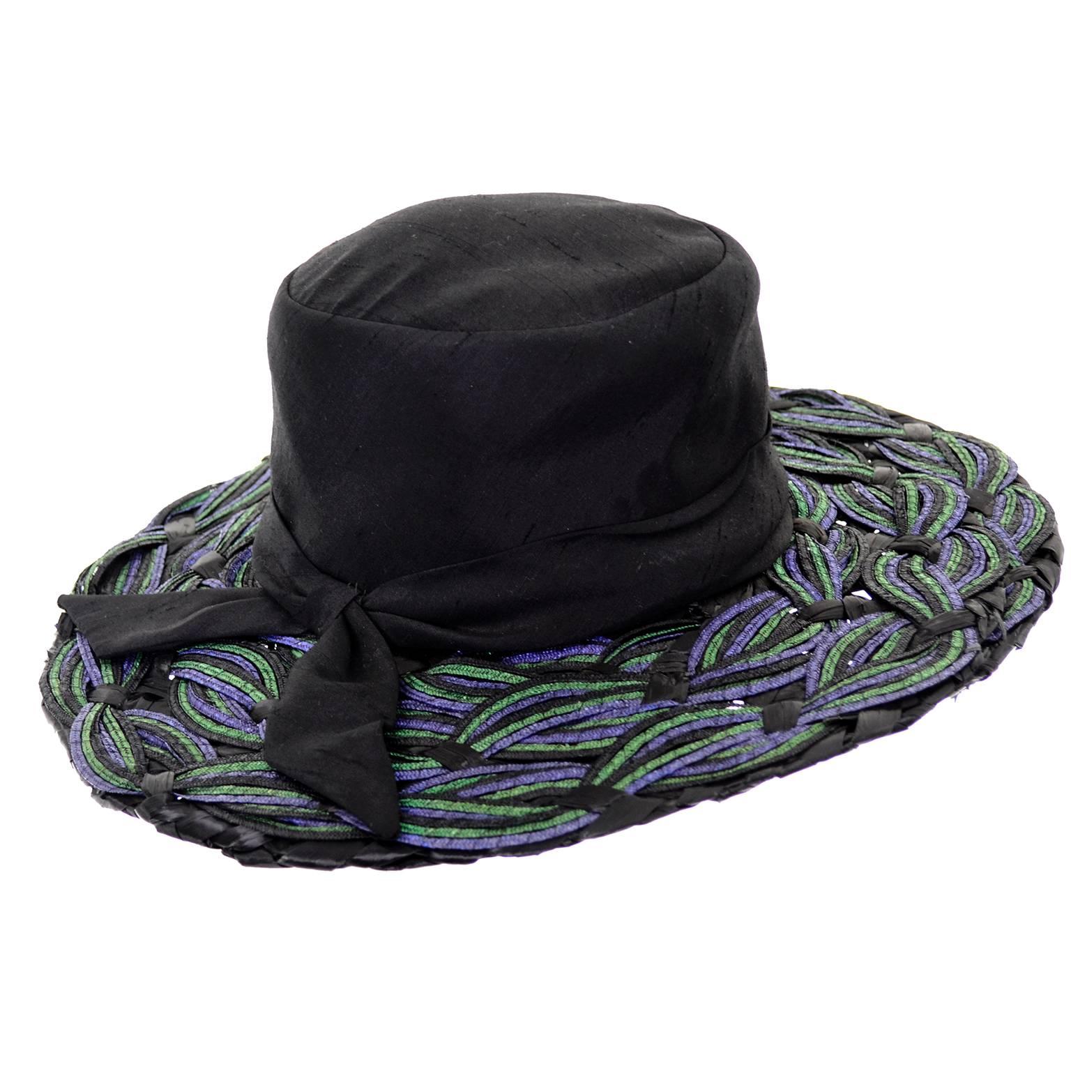 Black Schiaparelli Paris 1960s Vintage Hat Straw Raw Silk 23