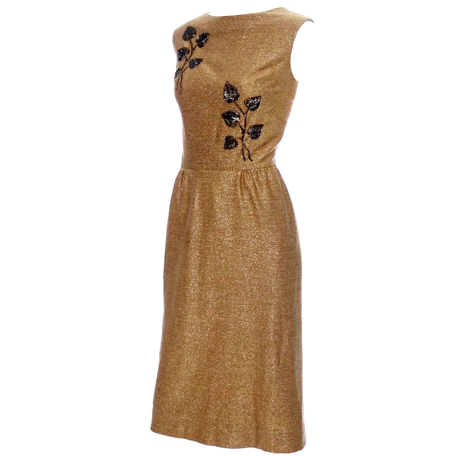 1960s Gold Metallic Carlye VIntage Sleevelss Cocktail Dress with Beaded Leaves