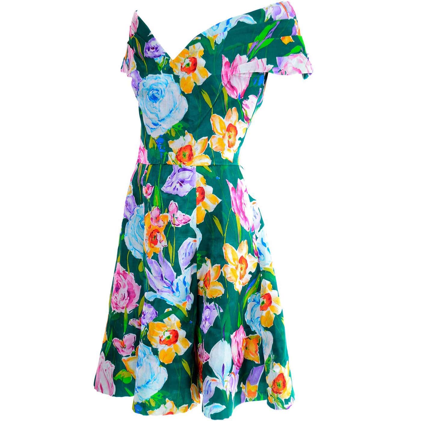 Arnold Scaasi Vintage Dress Off Shoulder Floral Organza over Green silk ...
