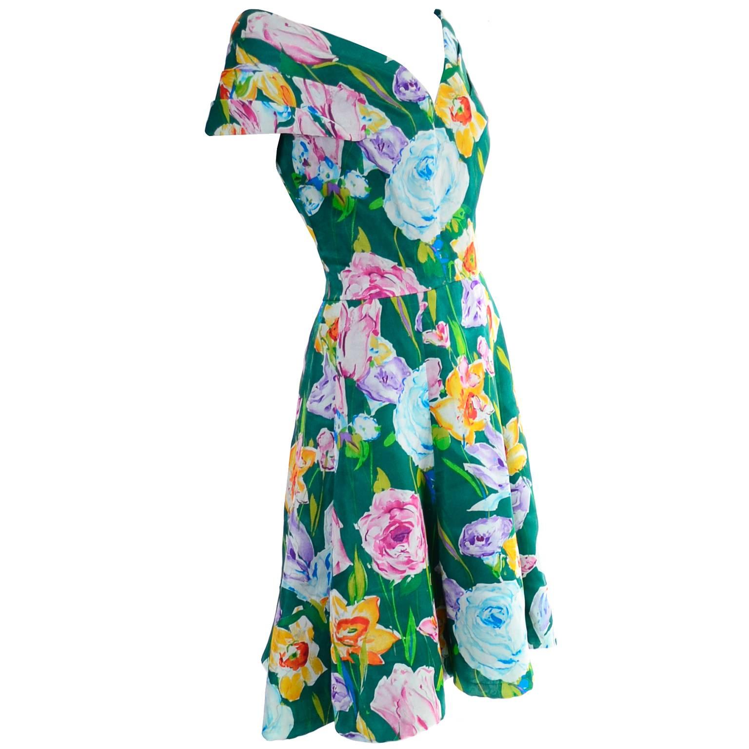 Gray Arnold Scaasi Vintage Dress Off Shoulder Floral Organza over Green silk  For Sale