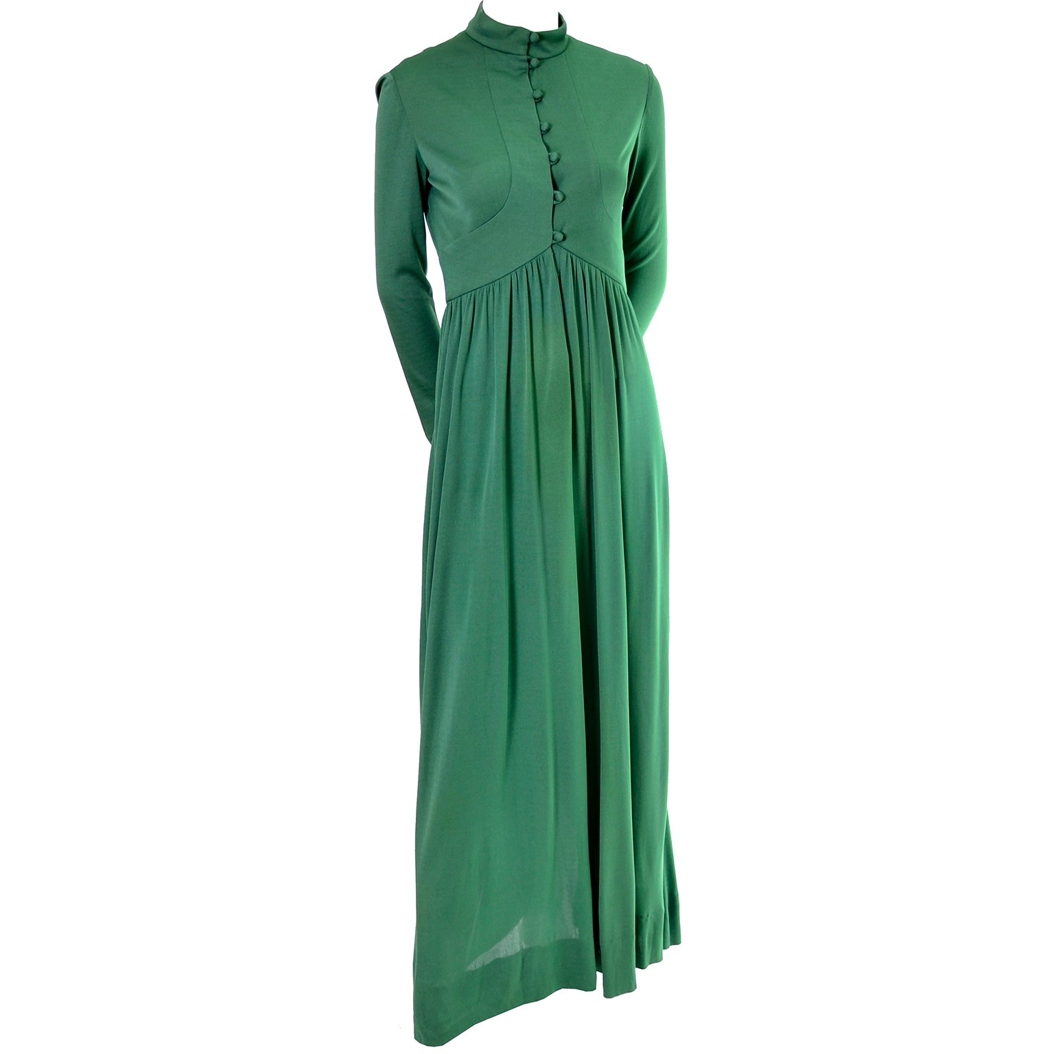 Rodrigues 1970s Vintage Green Silk Jersey Dress Maxi 6 8 For Sale