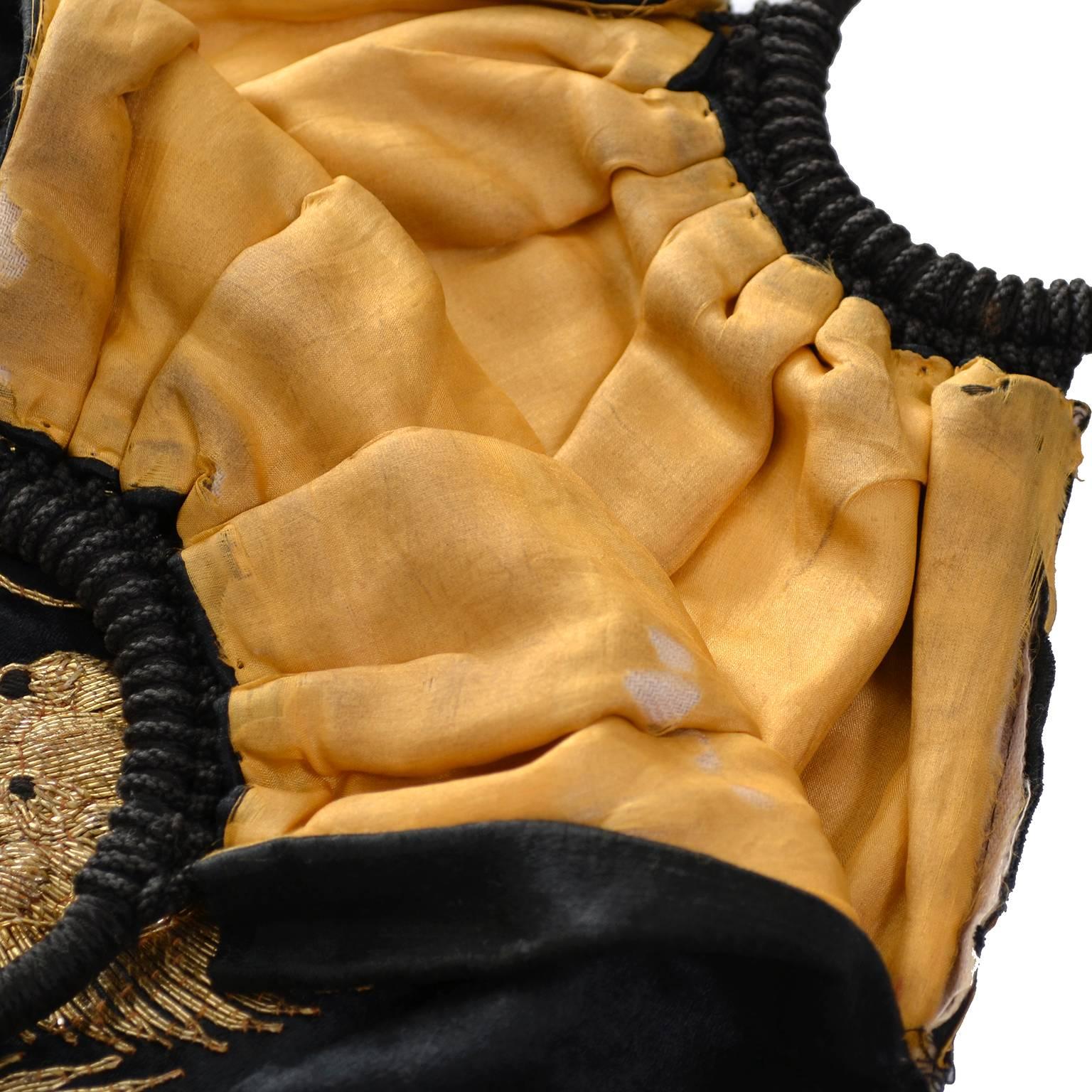Women's Antique Handbag Chinese Embroidery Gold Metallic Dragon Black Silk Bag Purse For Sale