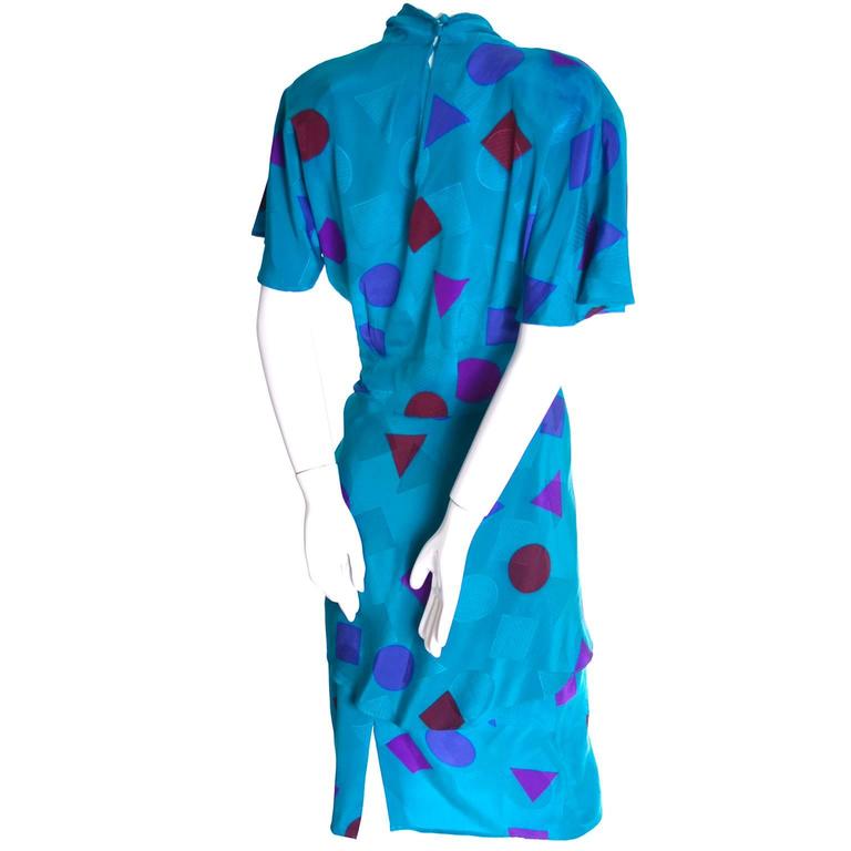 Flora Kung Abstract Teal Blue Silk Vintage Dress 1980s Size 6 For Sale 1