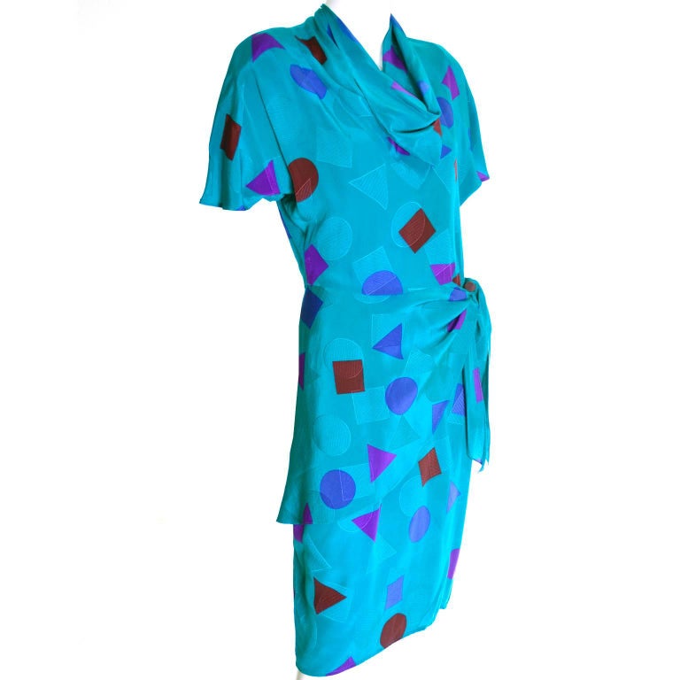 Flora Kung Abstract Teal Blue Silk Vintage Dress 1980s Size 6 For Sale
