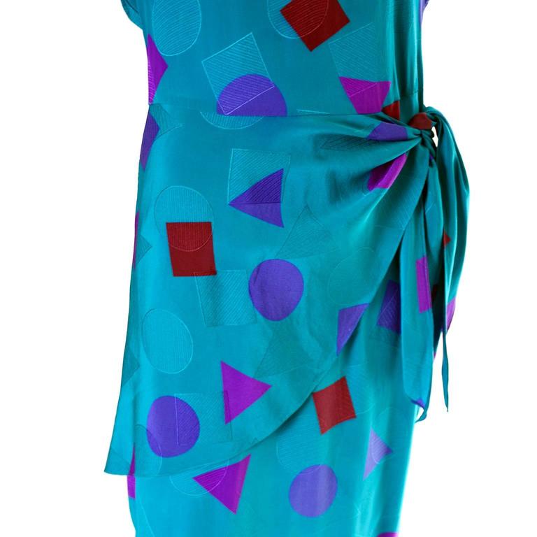 Flora Kung Abstract Teal Blue Silk Vintage Dress 1980s Size 6 In Excellent Condition For Sale In Portland, OR