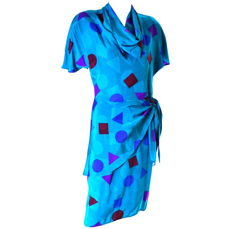 Women's Flora Kung Abstract Teal Blue Silk Vintage Dress 1980s Size 6 For Sale