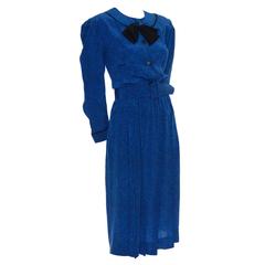 Albert Nipon Boutique Vintage Dress Pretty Silk Blue Dot Bow Pockets Size 10