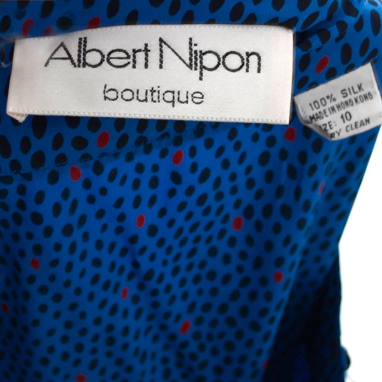 Women's Albert Nipon Boutique Vintage Dress Pretty Silk Blue Dot Bow Pockets Size 10