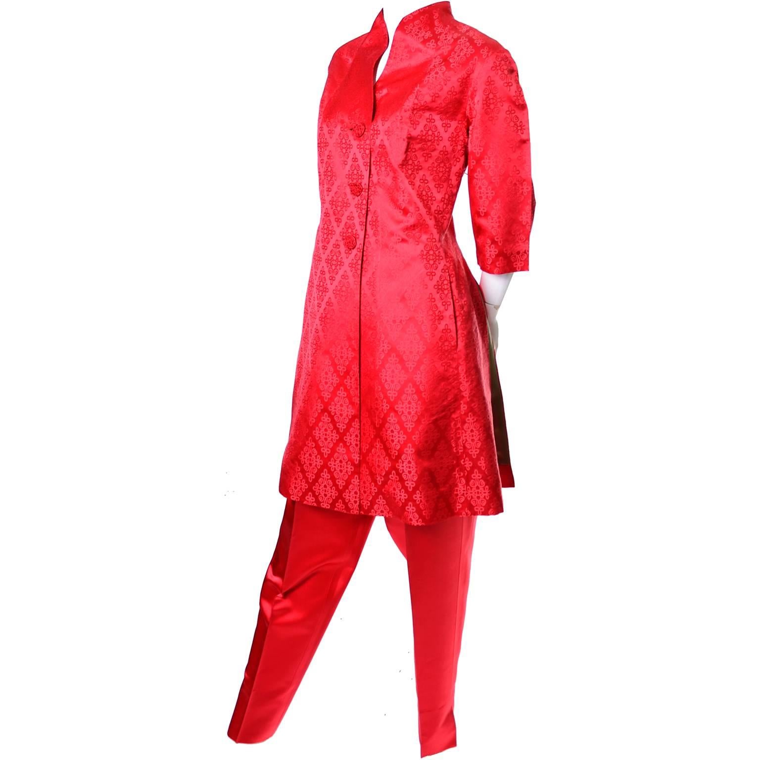 1960s Vintage Chinese Red Silk Satin Hostess Pajamas Evening Pant Suit Ensemble