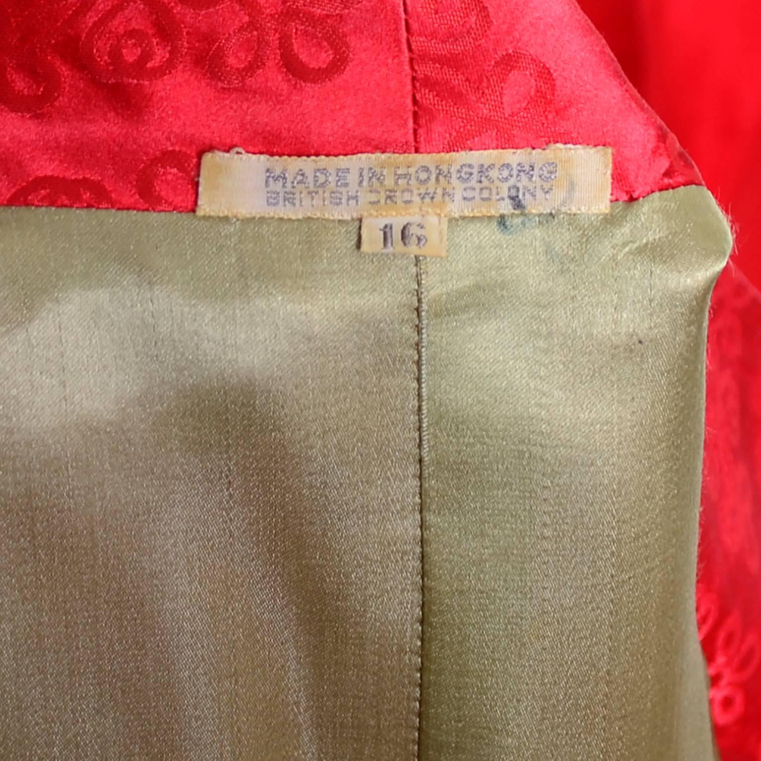 1960s Vintage Chinese Red Silk Satin Hostess Pajamas Evening Pant Suit Ensemble  3