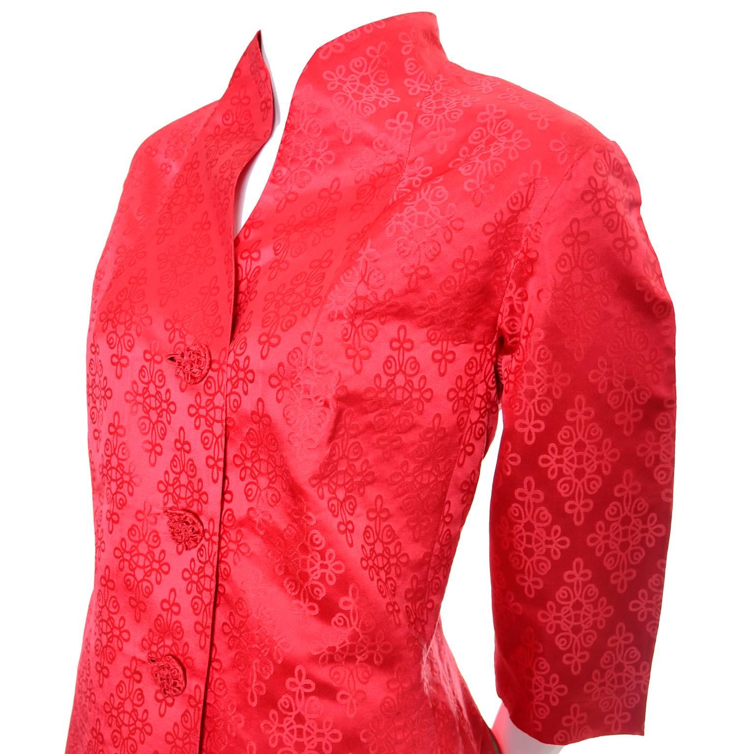 1960s Vintage Chinese Red Silk Satin Hostess Pajamas Evening Pant Suit Ensemble  1