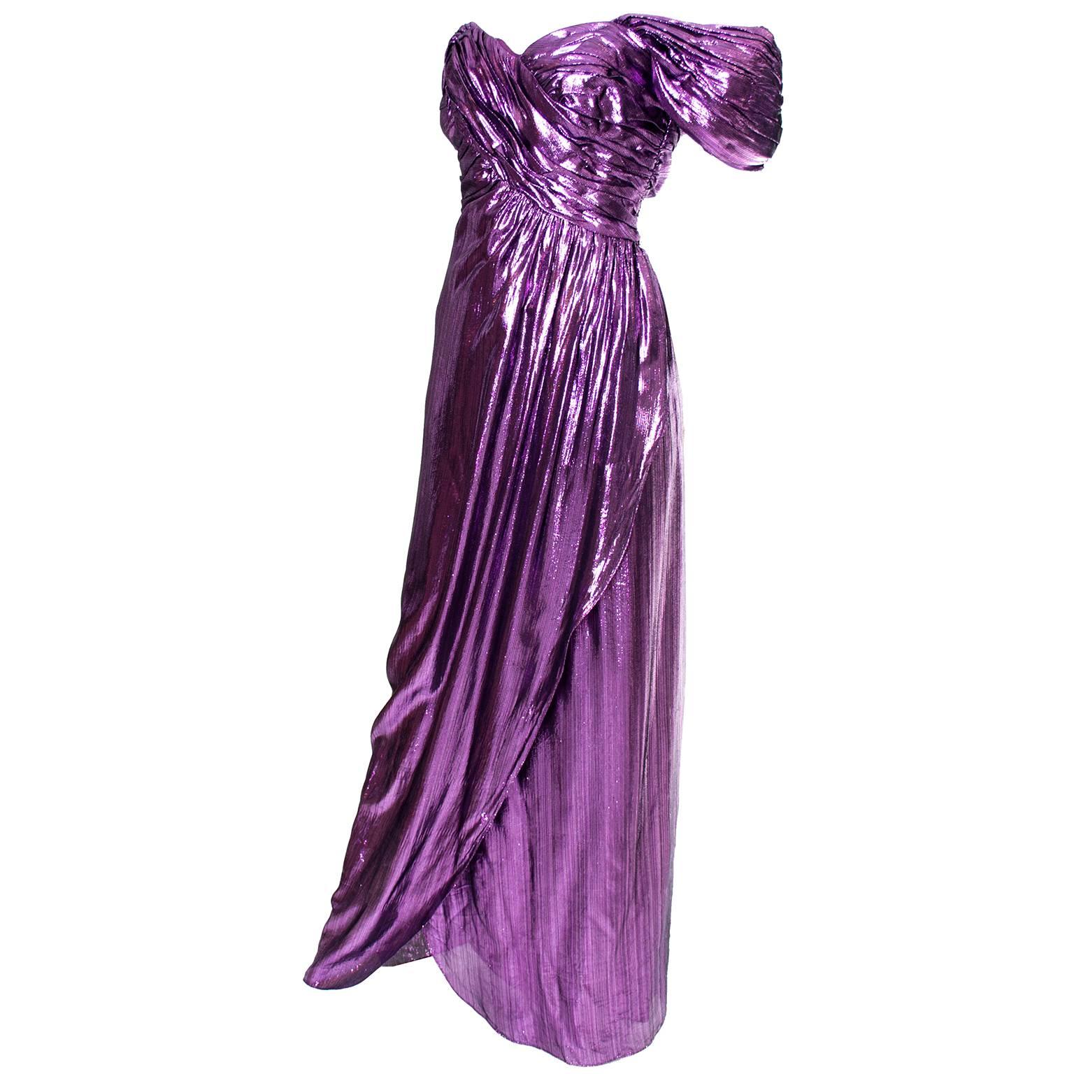 1980s Victor Costa Vintage Dress Evening Gown Purple Lame Rare 8/10