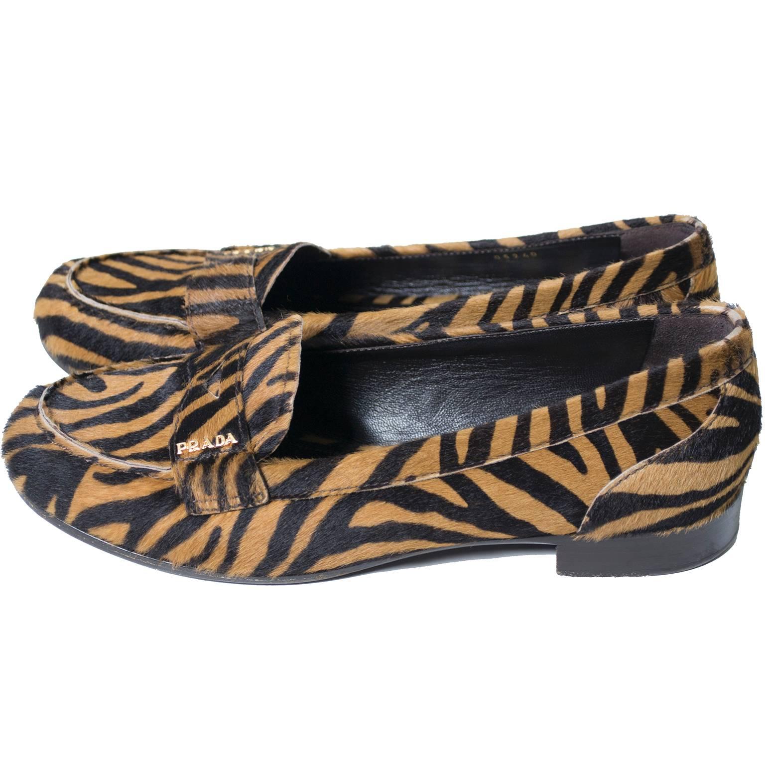 Prada Pony Fur Zebra Loafers Animal Print Shoes 37.5 at 1stDibs