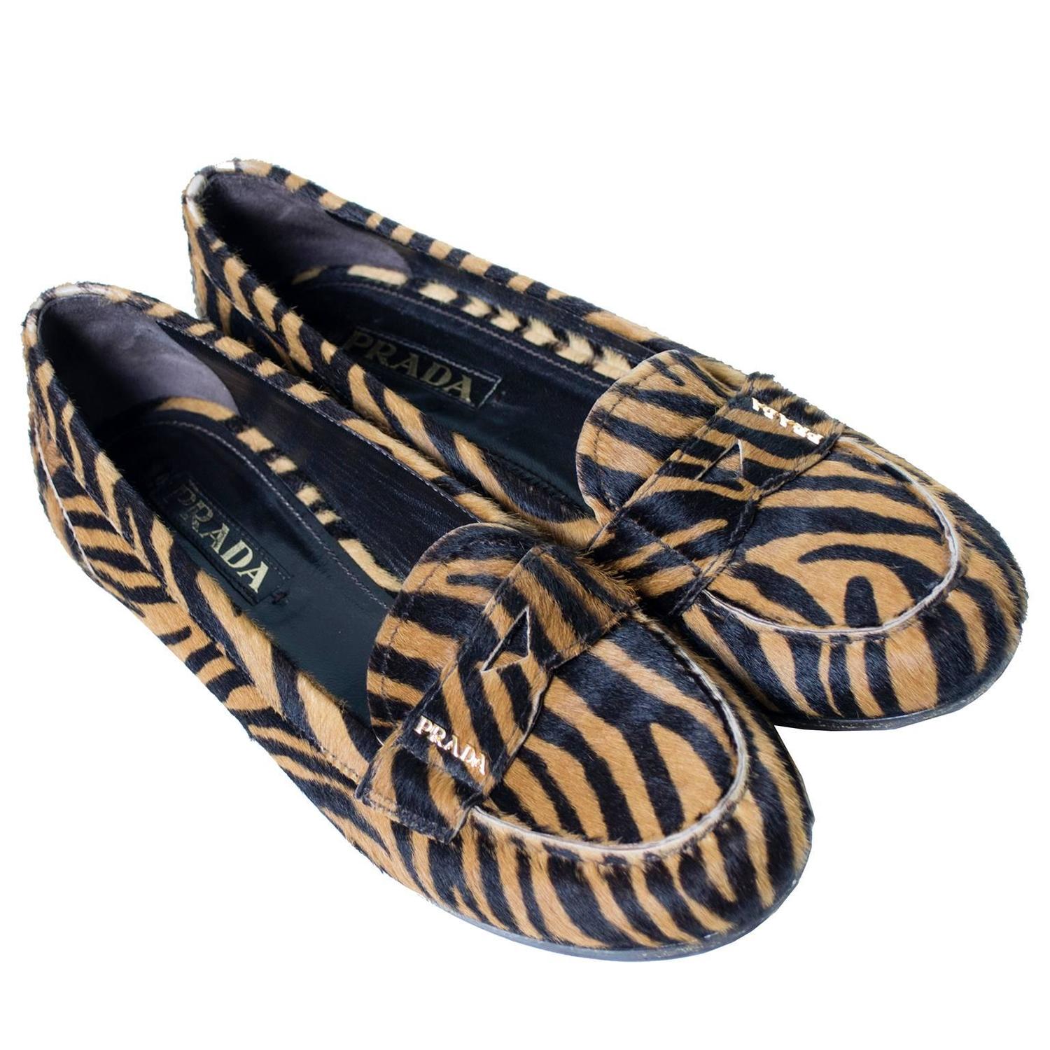 Prada Pony Fur Zebra Loafers Animal Print Shoes 37.5 For Sale at 1stdibs