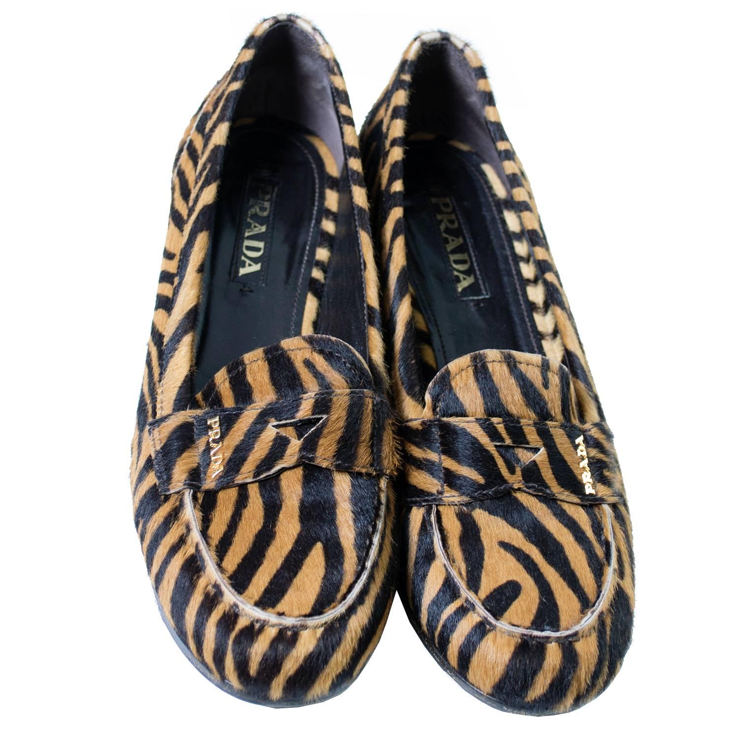 Black Prada Pony Fur Zebra Loafers Animal Print Shoes 37.5