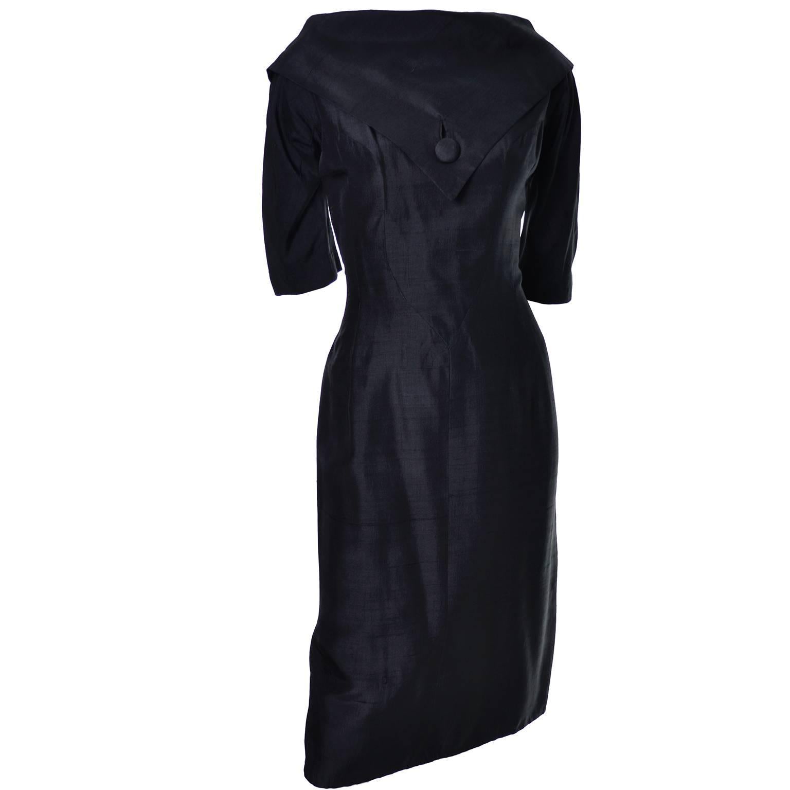 1950s Suzy Perette Little Black Dress Raw Silk From Prominent Estate Wiggle 8 In Excellent Condition In Portland, OR