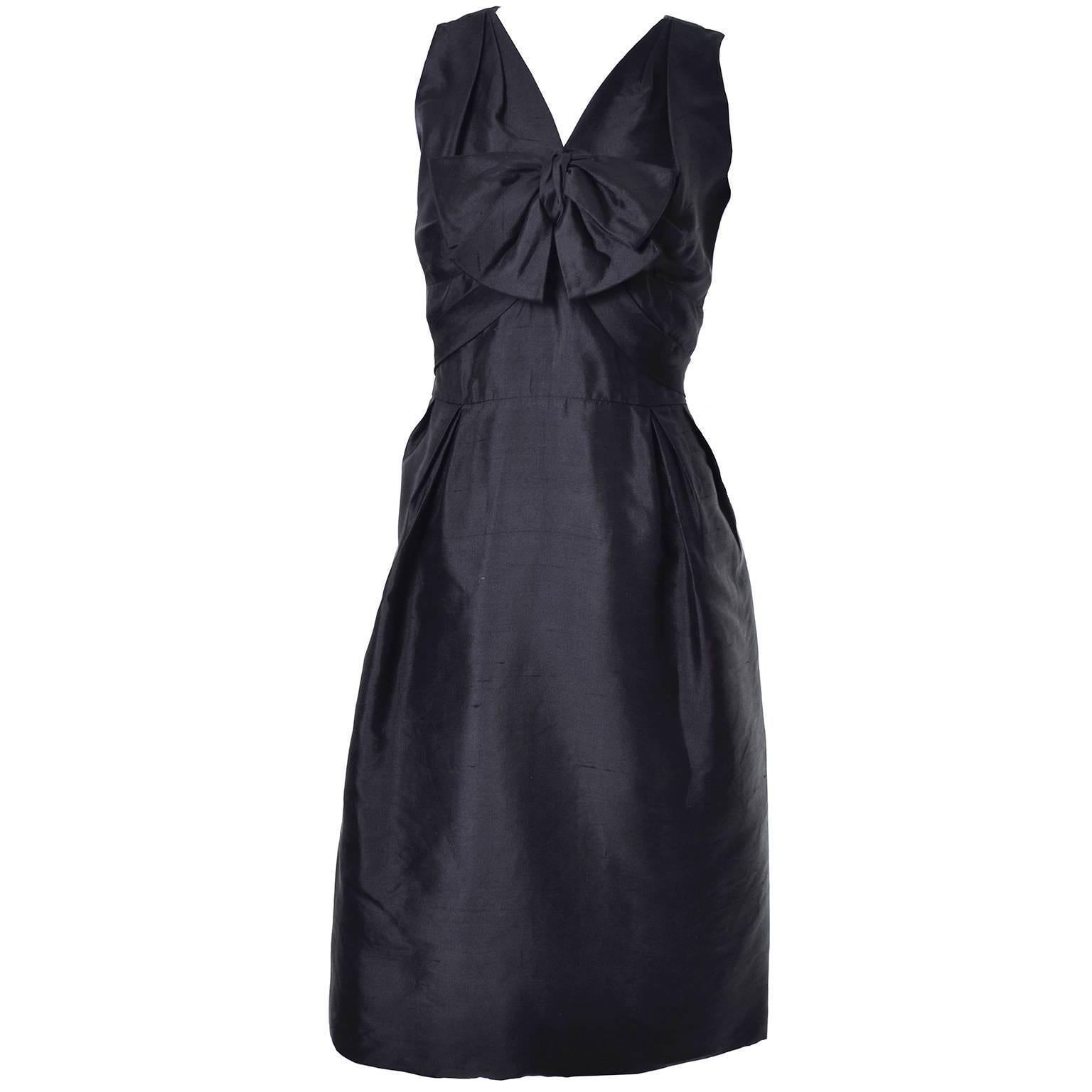 Women's Vintage Little Black Cocktail Dress Adele Simpson Silk Bow 