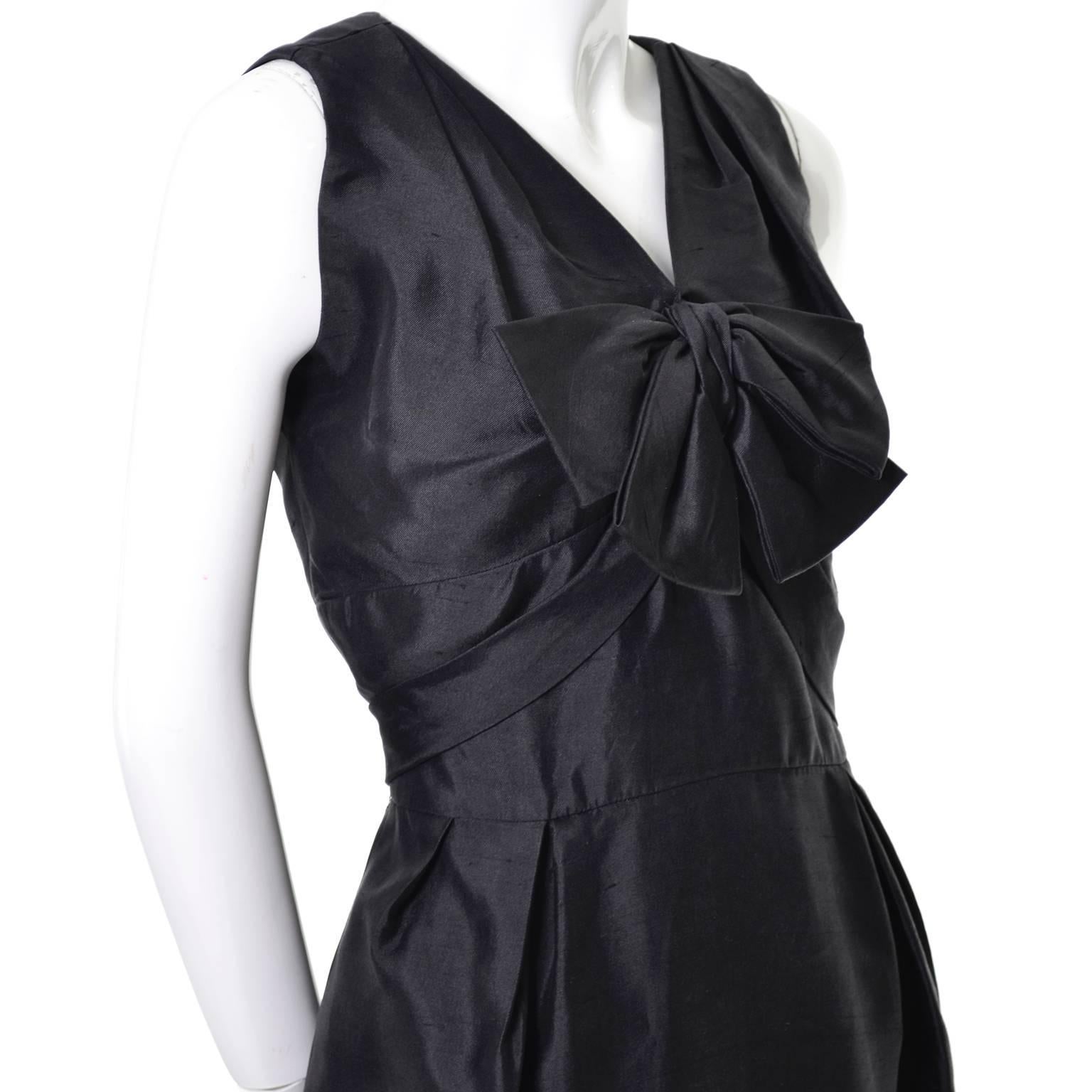 Vintage Little Black Cocktail Dress Adele Simpson Silk Bow  In Excellent Condition In Portland, OR