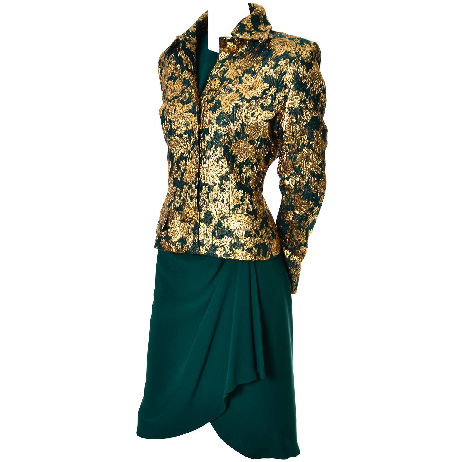 This outstanding vintage ensemble was designed by Jean-Louis Scherrer and includes a lovely green silk dress with its original belt and a metallic gold and green brocade jacket.  There are shoulder pads in both the dress and the jacket and the 2 and