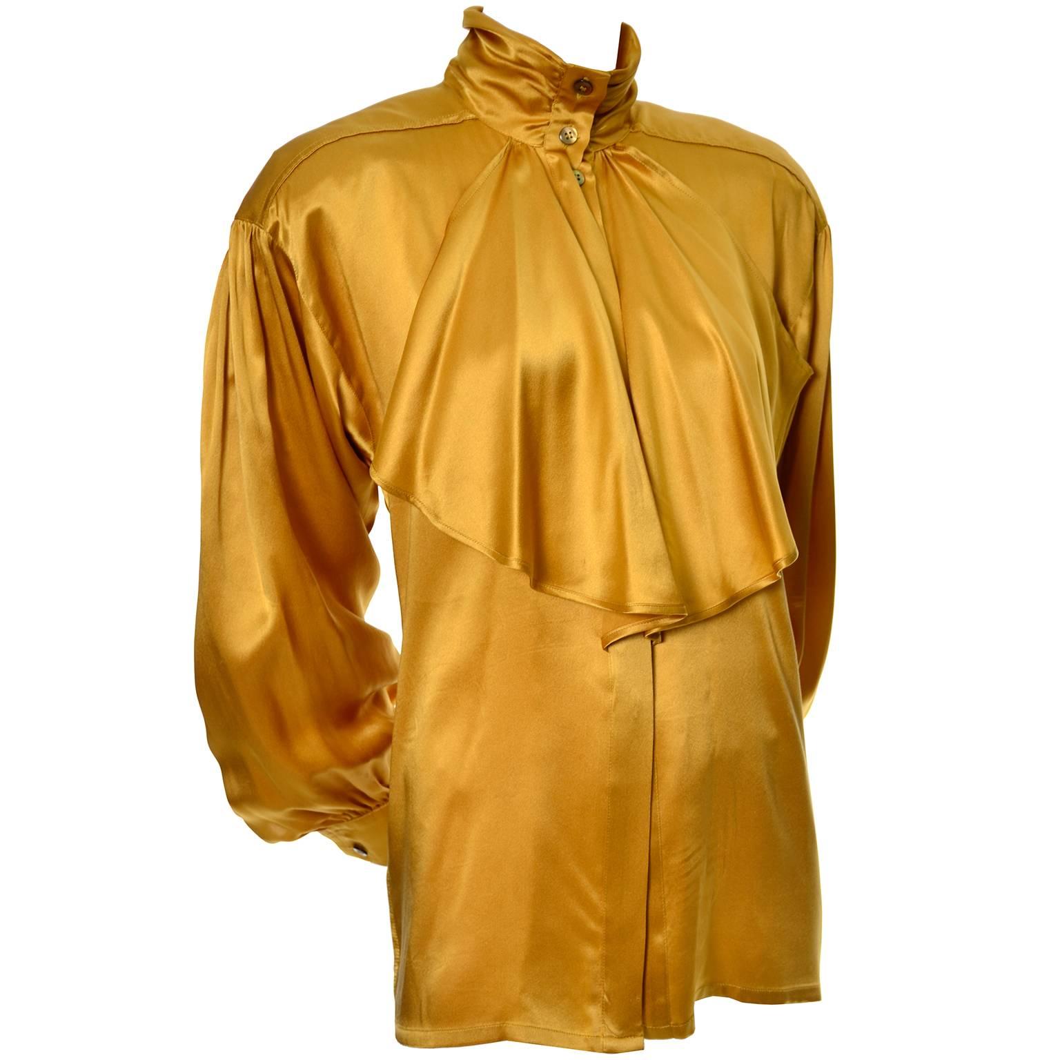 Gold Silk Vintage Escada Blouse With Jabot & Bishop Sleeves Size 36
