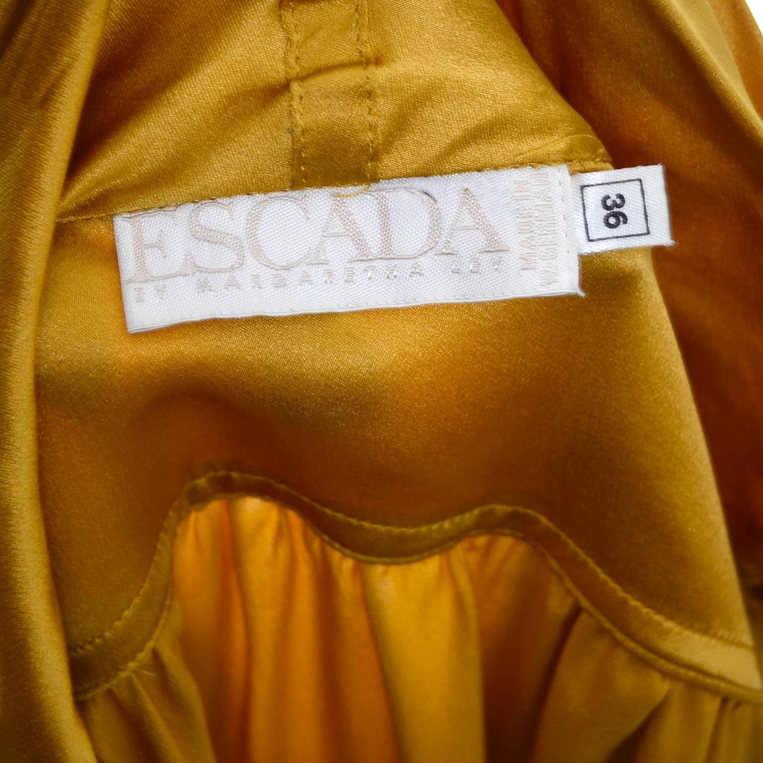Women's Gold Silk Vintage Escada Blouse With Jabot & Bishop Sleeves Size 36