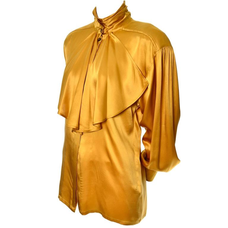 Gold Silk Vintage Escada Blouse With Jabot and Sleeves Size 36